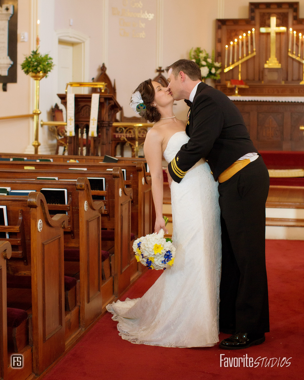 Wedding Kiss Photo as Husband and Wife inside Parish Church