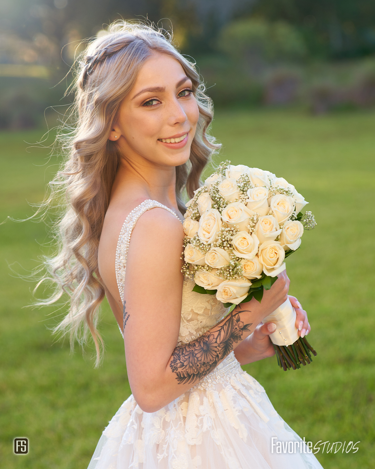 Lace Wedding Dress and Floral Bouquet